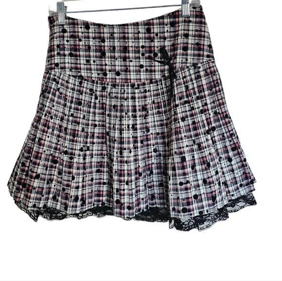 🎈2/40pink/white/black plaid lace trim pleated lightweight handmade skirt linedM - Picture 1 of 6